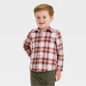 Oshkosh Boys Plaid Button Up Shirt Woven Collared Burgundy Brown Red Size 3T NEW
